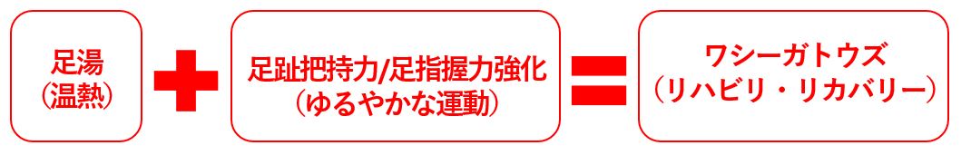 足湯 （温熱）＋足趾把持力/足指握力強化 （ゆるやかな運動）＝ワシーガトウズ （リハビリ・リカバリー）