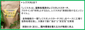 「レジスタ」は、湿熱処理済のレジスタントスターチ。
プロテインを「材料」とするなら、レジスタは「燃焼を助けるエンジンオイル」。