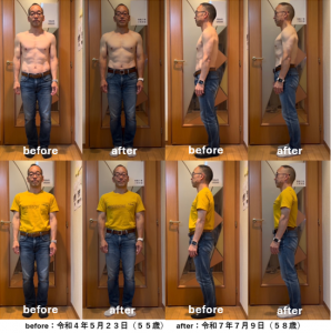 肩・胸・腕・腹筋にかけての「厚み」「立体感」「姿勢」がまるで違います。
私自身も、毎日鏡を見るたびに「本当に60歳手前なのか？」と感じるほど。周囲からも「若返った」「鍛えてるね！」と声をかけられるようになりました。